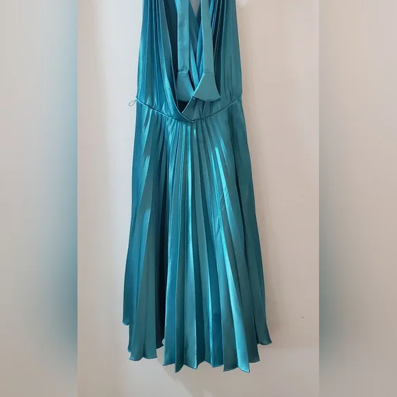 Aqua blue green satin pleated party dress, XS, halter, backless, Lillie Rubin - Picture 9 of 10